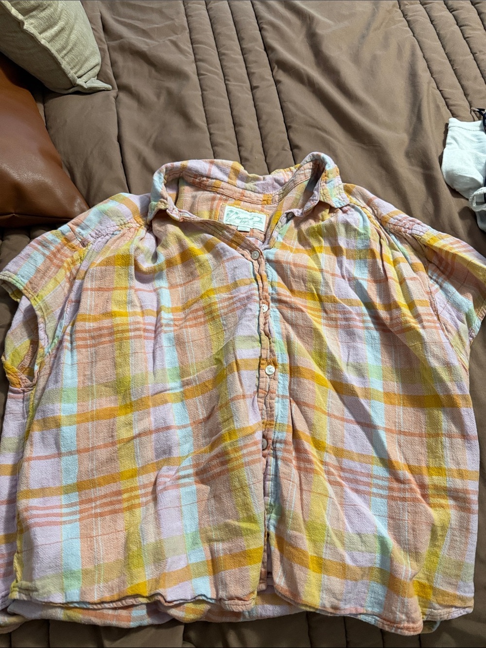American Eagle Outfitters Pastel Plaid Button-Up Top - Pink, Yellow, Cream